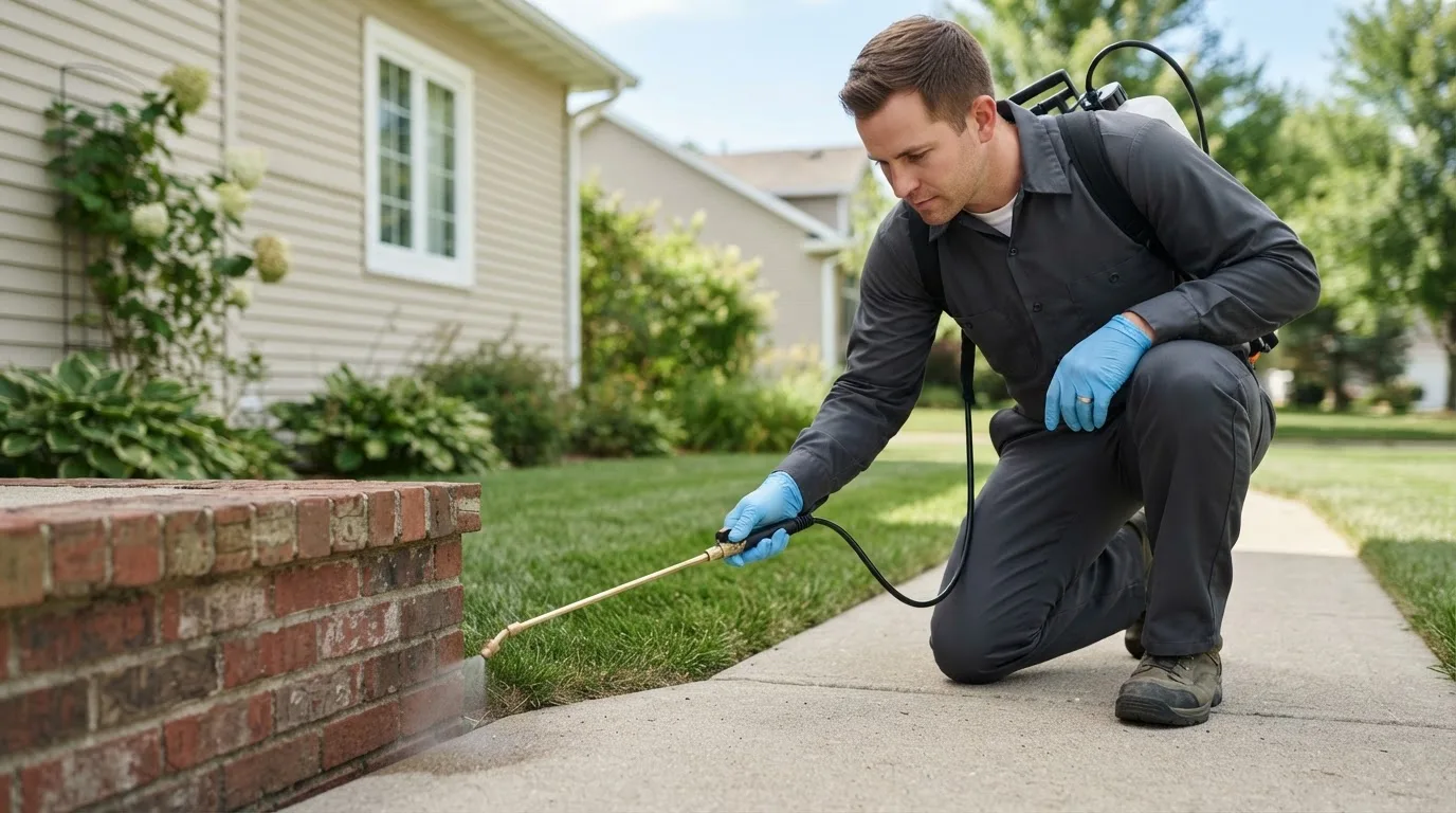 Pest control technician treating a home near Queens Village, NY